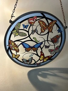 Vtg 8.5" Glassmasters Stained Glass Suncatcher Butterflies Round Glass Art USA - Picture 1 of 9
