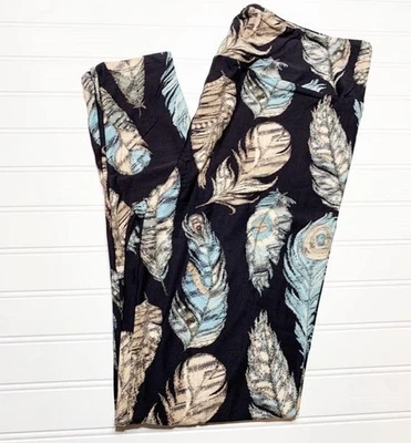 OS LuLaRoe Leggings ~ BLUE & TAN FEATHER PATTERN ~ Sizes 2-10; ONE SIZE; Black - Image 1 of 3
