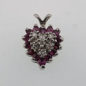 14k White Gold Estate Diamond & Ruby Heart Pendant - Picture 1 of 3