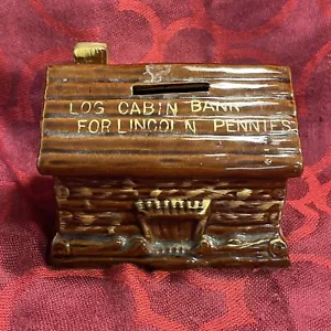 Vintage Ceramic Log Cabin Bank For Lincoln Pennies, 5 x 3.75 x 3.5 No Plug--7152 - Picture 1 of 7