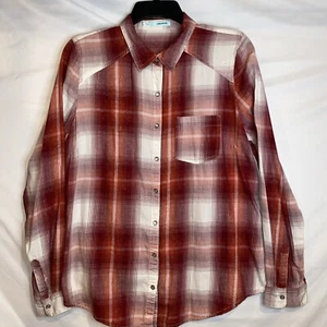 Maurices Women Flannel Shirt Rayon/Cotton Pearl Snap Red Orange White Size Large - Picture 1 of 22