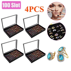 4PCS 100Slots Jewelry Ring Display Organizer Tray Holder Earrings Storage Case - Picture 1 of 6