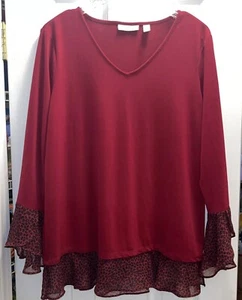 Susan Graver Damen M Burgunder Tunika Langarm mit Print Rüschen und unten  - Bild 1 von 11