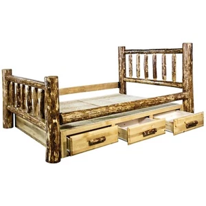 King Storage Log Bed with Drawers Amish Made Beds Montana Lodge Cabin Furniture - Picture 1 of 9