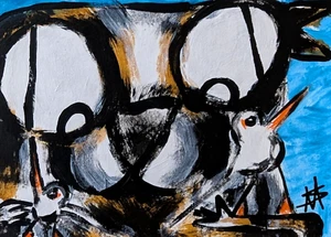 Original ACEO Beach Cat Painting Birds Contemporary Folk Art By Samantha McLean - Picture 1 of 2