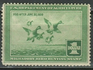 USA 1937 Duck stamp $1 ☀ Light green #RW4 ☀ MH OG - Picture 1 of 2