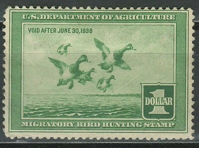 USA 1937 Duck stamp $1 ☀ Light green #RW4 ☀ MH OG - Image 1 of 2