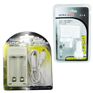 Ultra Max USB Battery Charger + Mains Wall USB & Car Plug Charger Power Adapter - Picture 1 of 7