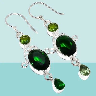 Pendiente de plata de ley 925 peridoto con piedras preciosas de diopsido cromado 2,2" F937 Foto 1 de 4