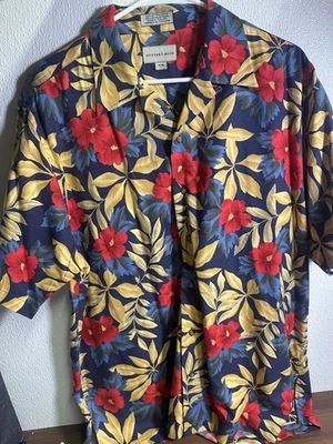 Cutter & Buck Hawaiian Shirt Men’s Medium M Blue Yellow Red Floral Tropical Butt - Image 1 of 4