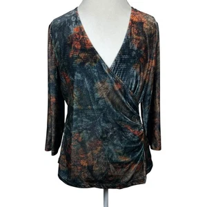 Soft Surroundings Velvet Alyssa Knit Top Jewel Tone Floral Print Faux Wrap M/L - Bild 1 von 9