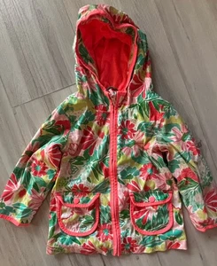 Cat & Jack Girls 3T Tropical Flowers Raincoat Green Orange Zipper - Picture 1 of 7