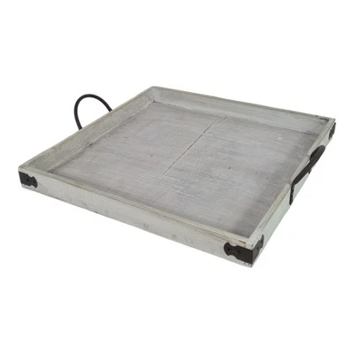 Ein  quadratisches, grauer Holztablett mit schwarzen Metallgriffen - Bild 1 von 3