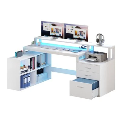 65 in L Shaped Computer Desk w/ File Drawer Desk with Power Outlets & LED Lights - Image 1 of 4