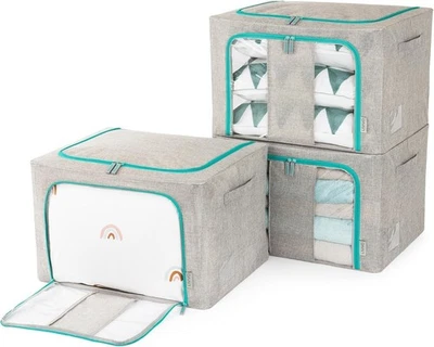 LIVIVO 3 Foldable Storage Boxes–66L with Steel Frame, Windows & Zips(Grey/Green) - Image 1 of 4