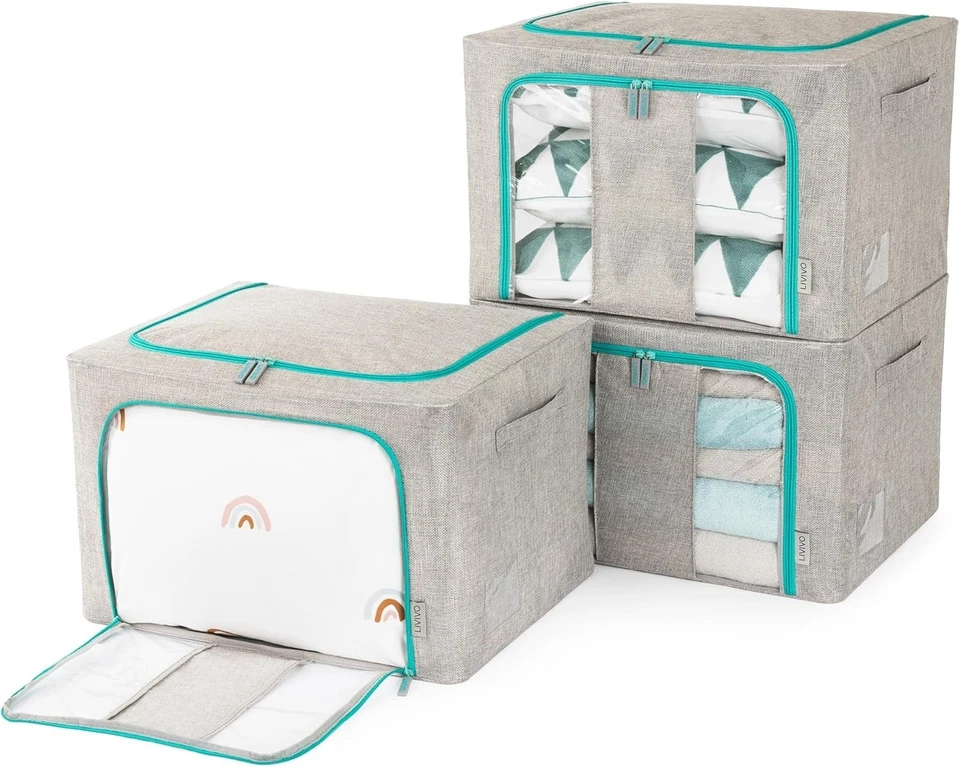 LIVIVO 3 Foldable Storage Boxes–66L with Steel Frame, Windows & Zips(Grey/Green) - Image 1 of 4