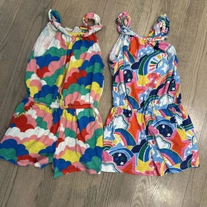 2 Girls’s Mini Boden size 7-8, Pink Multi Cloud & Blue Rainbow Summer Rompers - Picture 1 of 6