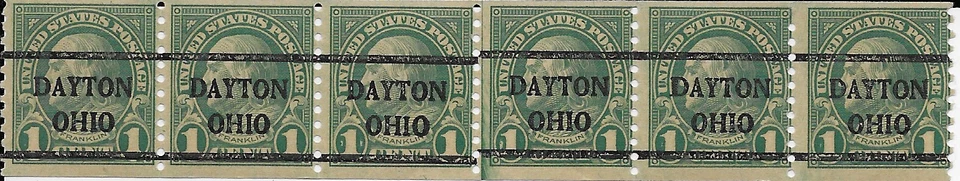 US Scott 597, 1 Cent Franklin Coil, Precancel, Dayton, Ohio, Strip of 6, OG, NH - Image 1 of 1