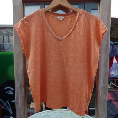 OrangeFine  Linen Y2K Monsoon T-shirt Gold  V Neck Trim - Image 1 of 4