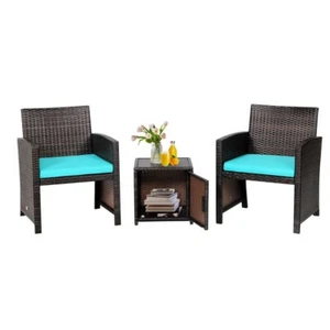 3Pcs Outdoor Patio Porch Furniture Set PE Rattan Wicker Chairs W/ Storage Table - Picture 1 of 14