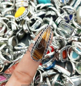 Tiger Eye & Mix Gemstone 925 Sterling Silver Plated Wholesale Fancy Lot Rings - Picture 1 of 3