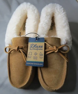New Dearfoam Dluxe Genuine Shearling Suede Women's Size 7 Slippers Natural Color - Picture 1 of 8