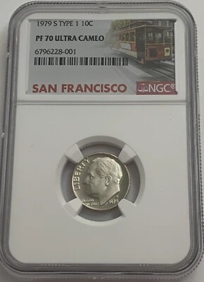 1979 S Type 1 Gem Proof Roosevelt Dime NGC PF70 Ultra Cameo 10c Trolly Label - Image 1 of 3