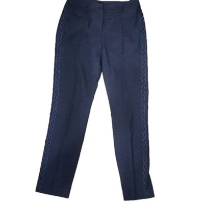 Calça T Tahari Cintura Alta Azul Marinho Bordada Costuras Laterais Femininas 6 - Imagem 1 de 4