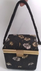 Vintage Black Beaded Corii Tokyo Evening Bag Box Purse Cream Flower - Picture 1 of 10