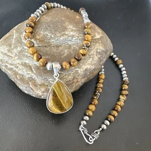 Coffee Brown Tigers Eye Sterling Silver Pendant Necklace Southwestern 15864 - Picture 1 of 12