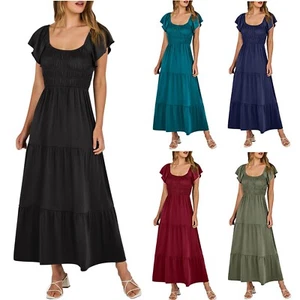 Women Summer Boho Dress Short Sleeve Round Neck Ruffle A Line Flowy Beach Dress - Picture 1 of 39