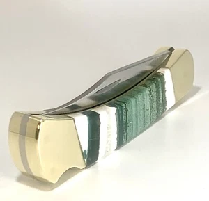 VTG 1981-1986 BUCK 110 4-DOT KNIFE WITH CUSTOM GREEN ZEBRA JASPER STONE HANDLES! - Picture 1 of 16