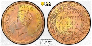 i-650379 British India ¼ Anna 1939(C). PCGS MS 63 RB - Picture 1 of 2