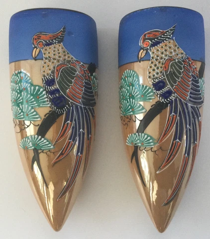 Pair Of Vintage Sconce Japan Bird Hand Painted Luster Pottery Ceramic Cover