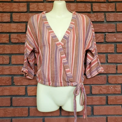 Top Corto a Rayas Talla S 100% Algodón Manga 3/4 Imitación Envoltura Corbata Cintura Boho Otoño Foto 1 de 4