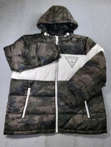 Guess Puffer Jacket Mens 2XL Camp Colorblock Camo Triangle Logo Hood Zip Pockets - Picture 1 of 14