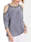 Grey Cotton Rich Soft Embroidered Cold Shoulder Top - Size 16 to 22