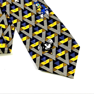 Винтажный мужской шелковый галстук DISNEY MICKEY INC 59 дюймов мультфильмы с Микки Маусом синий/золотой - Изображение 1 из 4