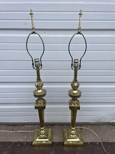 Pair Vintage Stiffel Heavy Brass Table Lamps Flame Torch Urn Trophy Shaped 38” - Picture 1 of 10