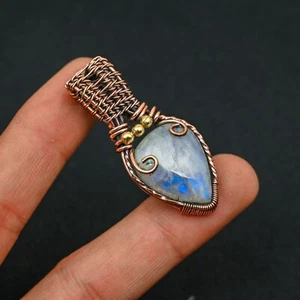 Rainbow Moonstone Gemstone Copper Wire Wrapped Handmade Pendant Jewelry Gift - Picture 1 of 4