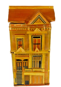 VTG. Bamboo/Straw Marquetry 5.5" Tall Town House Trinket/Jewelry Box Felt Lined - Picture 1 of 10