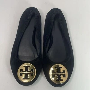 Tory Burch Reva Black Suede Gold Hardware Ballet Flat Size 7 M - Picture 1 of 10