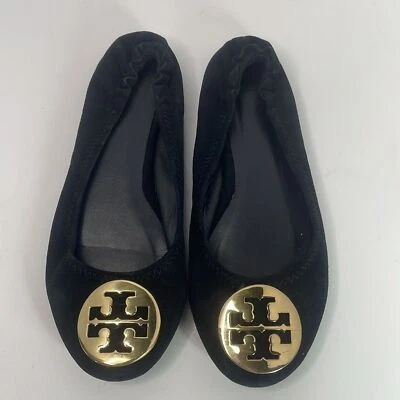 Tory Burch Reva Negro Gamuza Dorado Hardware Ballet Plano Talla 7 M Foto 1 de 4