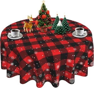 Christmas Snowflake round Table Cloths Red Black Buffalo Plaid Tablecloth 60 Inc - Picture 1 of 8