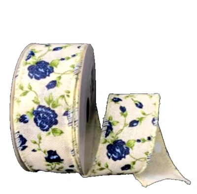 Blue Rose on Ivory 1.5" x 2 yd Floral Wired Ribbon Burlap/Canvas Easter Spring - Image 1 of 4