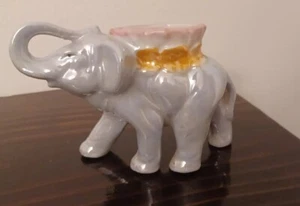 Vintage Ceramic Gray Elephant Planter Trunk Up Saddle 5 1/2” X 4 1/2” Lusterware - Picture 1 of 9