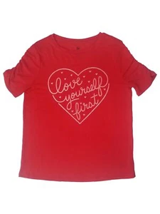 Girls Red Love Yourself First Short Sleeve Valentines T-Shirt Tee Shirt - Picture 1 of 1