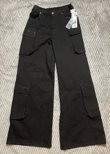 Madden NYC Women's Wide Leg Mid Rise Black Cargo Jeans W/Rhinestones 32" Inseam - Picture 1 of 4