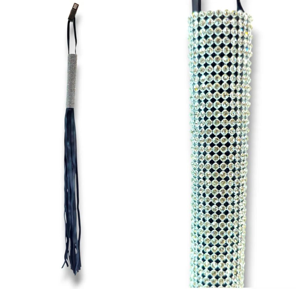 Sexy Rhinestone Flogger Whip Black Leather Jeweled Diamond Handle 28" Cosplay  - Image 1 of 4