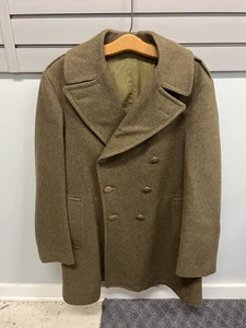Vintage Military Wool Coat Mens 40L army Double Breasted green Overcoat WWII 40s - Picture 1 of 12